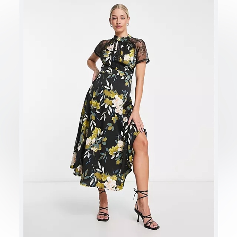 Liqurish floral midi satin lace short sleeves dress